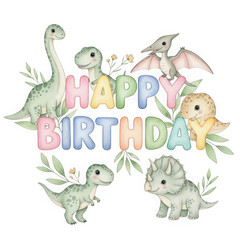 Fototapeta premium Adorable watercolor dinosaurs surround pastel-colored 'Happy Birthday' letters, framed by greenery. A charming design for a prehistoric-themed child's party.
