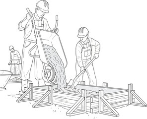Obraz premium Construction workers pouring concrete into a foundation with a wheelbarrow on a building site.