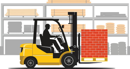 Warehouse worker operating yellow forklift with red brick pallet in storage facility with shelving units
