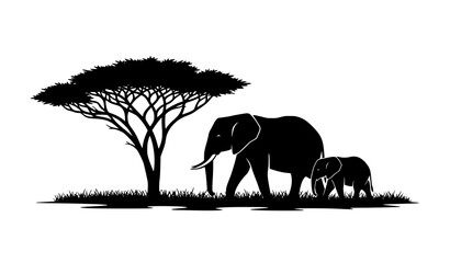 African Safari Elephant Family Landscape Silhouette Vector © MstRuna