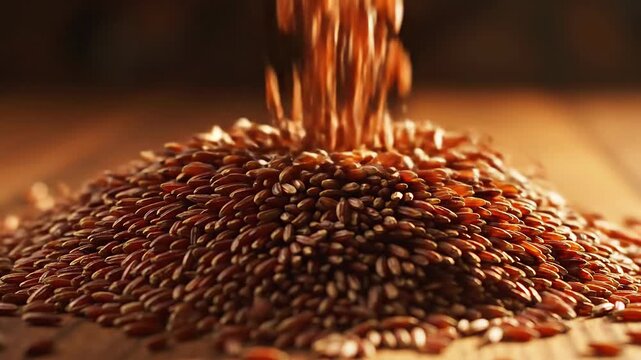 Pouring Brown Flax Seeds onto Wooden Surface, Healthy Food Ingredient Close-up