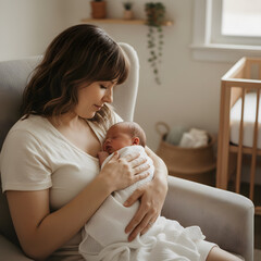 Mother holding a sleeping newborn in a nursery