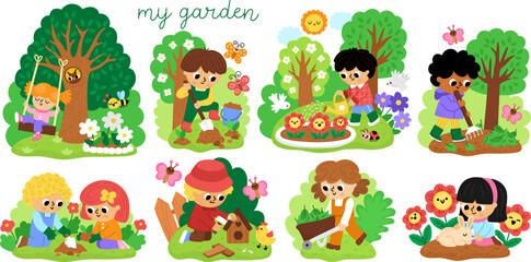 Spring garden illustration set with children doing gardening works. Vector country house, farm concepts collection. Kids planting tree, raking, digging, watering plants icons. Isolated child clipart 