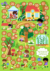 Naklejka premium Garden board game for children with rural nature scene and boy with rakes cleaning yard and going to country house. Spring printable activity, boardgame, worksheet with greenhouse, trees, plants