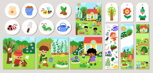Cute garden cards set with kids doing gardening work. Vector square, round, vertical print templates. Spring rural nature design for tags, postcards, ads with rural landscapes with children © Lexi Claus