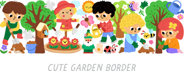 Vector garden horizontal border set with children doing gardening works. Card template design for banners, invitations. Cute spring illustration with kids raking, watering flowers, planting tree