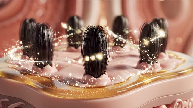 Medical Animation of Hair Growth on Pink Skin Layered with Gold Serum Particles in Close-up View Showing Follicle