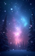 Fototapeta premium A hyperrealistic digital painting showcases a snow-covered forest under a swirling aurora borealis at night.
