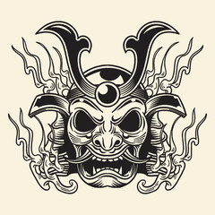 Obraz premium Fierce Japanese samurai Oni mask with stylized flames, representing power, danger, and protection. Bold graphic illustration.