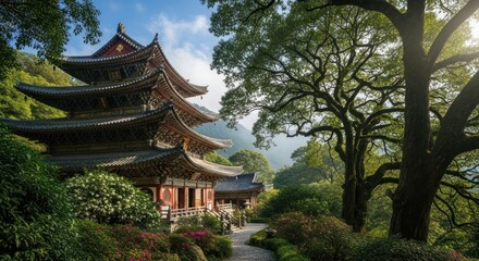 Naklejka premium Serene Asian Temple in Lush Garden