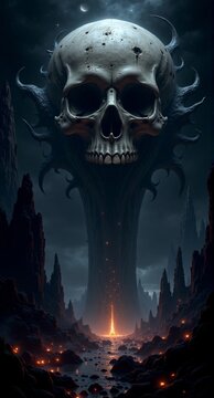 A colossal, decaying skull dominates a desolate landscape, illuminated by a vortex of energy and demonic influence.