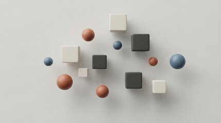 Obraz premium 3D rendering of assorted geometric shapes in various colors on a plain background.