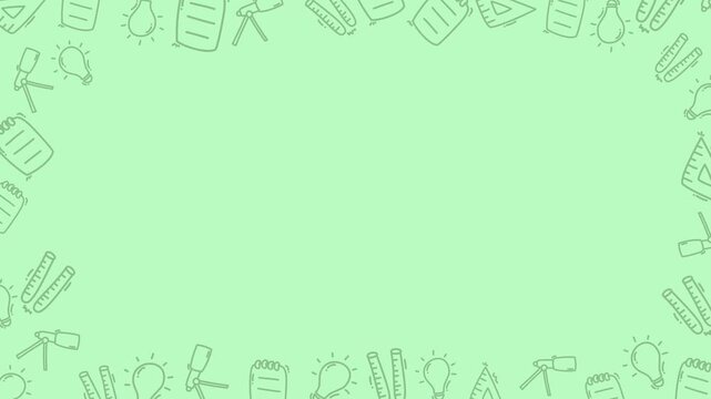 education Cute animated pattern with sketch-style book
protractor, telescope, lamp, research glass. Monochrome stationary outline illustration with playful, ideal for learning media, Social media.