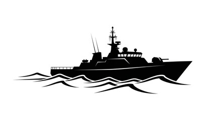 Black silhouette of a naval warship sailing on wavy sea. © Bum