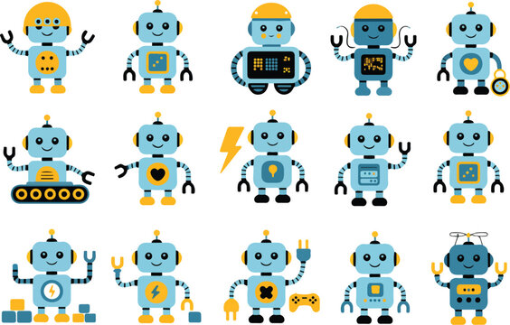 Cute Cartoon Robot Character Set with Friendly AI Bots and STEM Technology Icons for Kids Education