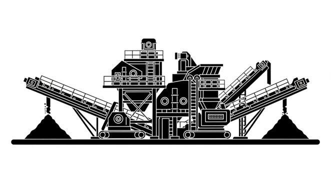 Industrial crusher machine with conveyor belts and piles of material.