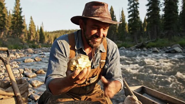 Prospector examines large gold nugget found while panning in a rocky river