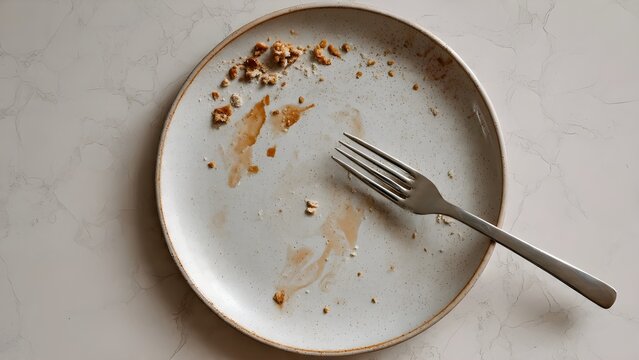 Top view of empty white ceramic plate with food crumbs and fork on marble background