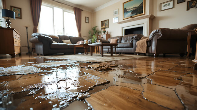 Close-up of a flooded living room floor displaying the extensive damage caused by a water leak to furniture and flooring.
