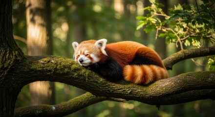 Red panda resting on a tree branch in temperate forest, showing reddish fur and bushy ringed tail. A shy arboreal mammal native to the Himalayas and southwestern China.