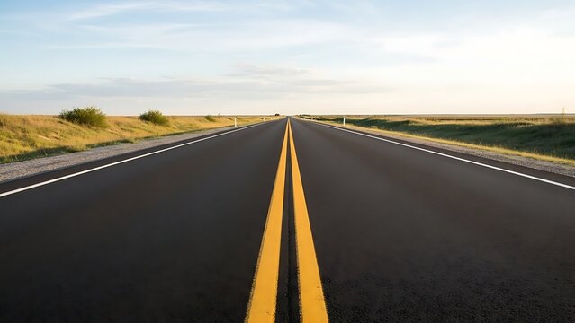 A long straight road stretches out into the distance on a sunny day with grassy fields on either side