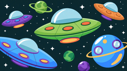 Fototapeta premium Colorful and whimsical alien spaceships floating in outer space with planets and stars