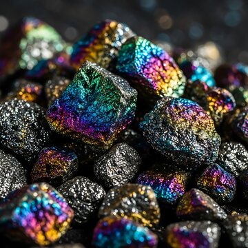 A close-up shot of iridescent bismuth ore on a dark background. Mining macro