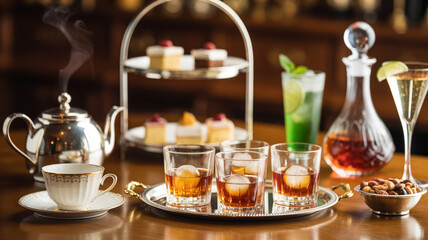 An elegant afternoon tea setting with a variety of pastries and beverages.