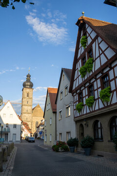 St. Martin Church in Forchheim, Bavaria, Germany, historic Catholic church next to the timber-framed houses (Fachwerkh&auml;user) along the main street, UNESCO-style old town charm.
