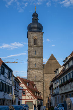 St. Martin Church in Forchheim, Bavaria, Germany, historic Catholic church next to the timber-framed houses (Fachwerkh&auml;user) along the main street, UNESCO-style old town charm.

