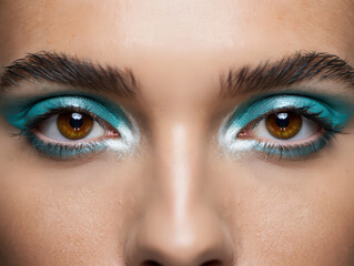 Obraz premium Striking Teal Eye Makeup A Close-Up of a Woman's Eyes with Bold Teal Eyeshadow and Defined Brows A Detailed and Artistic Cosmetic Look