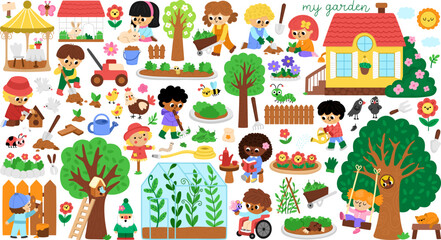 Fototapeta premium Vector garden clipart set. Cute farm icons collection with kids doing gardening work, growing plants, trees, equipment. Nature illustrations with children. Spring or summer country house pack