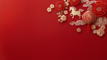 Obraz premium Chinese New Year Red Background with Paper Cut Flowers Lantern and Year of the Horse Copy Space