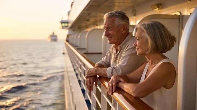 Elderly couple enjoying relaxed retirement life on a cruise ship deck at golden sunset. Ocean travel inspiration and senior romance, peaceful vacation journey.