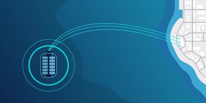 Animated top-down map of a coastal city. Glowing data lines pulse across the ocean floor to an underwater data center pod. Clean vector motion with a matte textured finish in a blue and white palette.