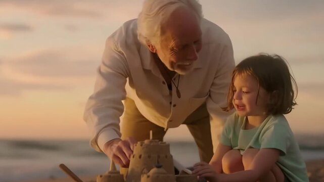 Caring grandfather and young granddaughter building a sandcastle on a beach at sunset for family legacy concept and intergenerational bonding