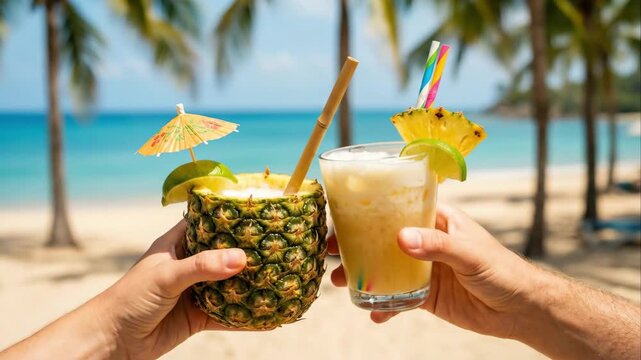 Tropical pina colada cocktails with fruits and striped straws in the hands of vacationers by the blue sea. Summer vacation, holiday party, refreshing drinks on the beach, travel design.