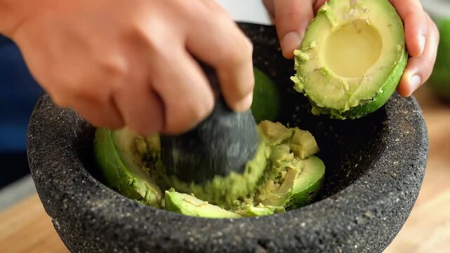 Close-up of hands mashing fresh avocados in a traditional stone molcajete to make guacamole.