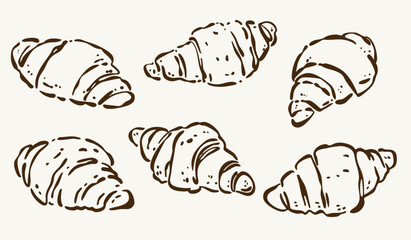 Hand-Drawn Croissant Set in Brown Line Art on Cream Background