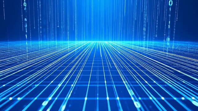 Abstract data stream in blue with flowing white lines and binary code falling