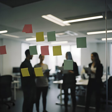 Four people in their 30s diverse races standing in an office looking at sticky notes on a glass wall with desks and computers in the background