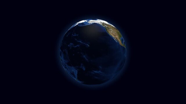 Spinning Globe. World with topography and bathymetry animation. April view. Planet rotation on dark background video. Seamless loopable animation. Elements sourced from NASA.