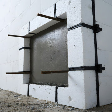 A section of a white insulated concrete form wall features a freshly poured concrete core and protruding metal rebar at a construction site. Generative AI