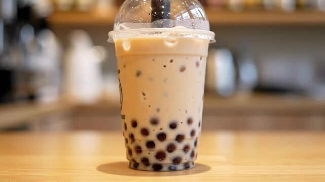 Closeup iced boba milk tea with tapioca pearls.