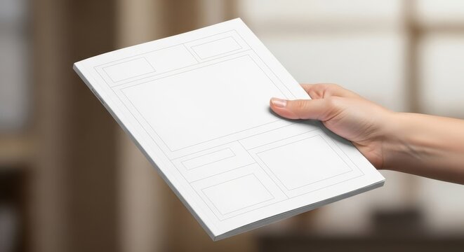 Hand holding a blank white book cover for mockup.