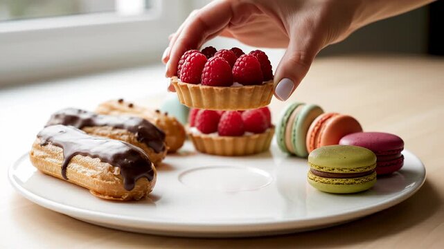 Hand picking raspberry tart from assorted pastries.
