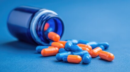 Ultra high quality close-up shot of a glass medicine bottle lying on its side with pills spilling out, illustrating medication and healthcare and wellness supplements concept.