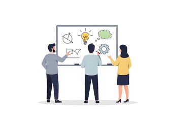 Brainstorming Session: A team collaborates in front of a whiteboard, sketching ideas and concepts. Showcasing problem-solving, teamwork, and innovation in a business setting.