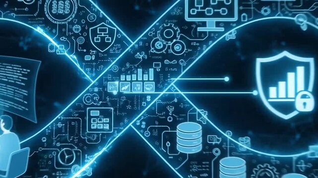 Abstract digital background featuring a complex network of interconnected data points, security shields, and technology icons, representing data protection and cyber security