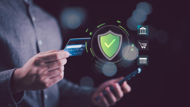 Secure digital payment concept showing protected online transactions, credit card ,mobile banking with virtual shield icon, fintech safety, ecommerce trust, data protection ,financial technology